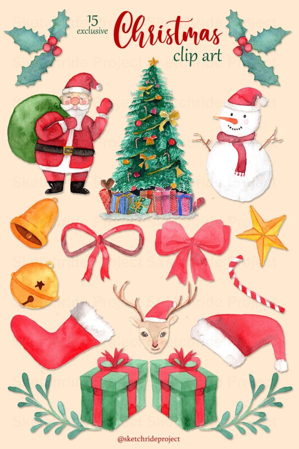 Watercolor Christmas Clipart - Christmas Items Download - Instant Download - Transparent - Santa - Snowman - Socks - Gift - Christmas Tree